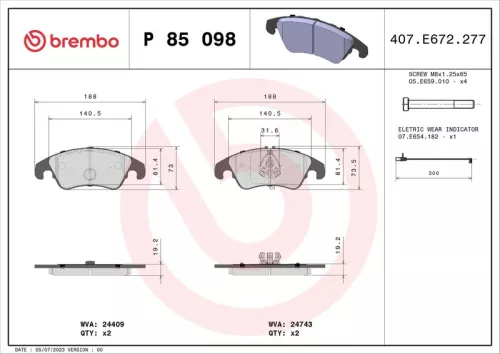 BREMBO Brake Pad Set, disc brake (P 85 098)